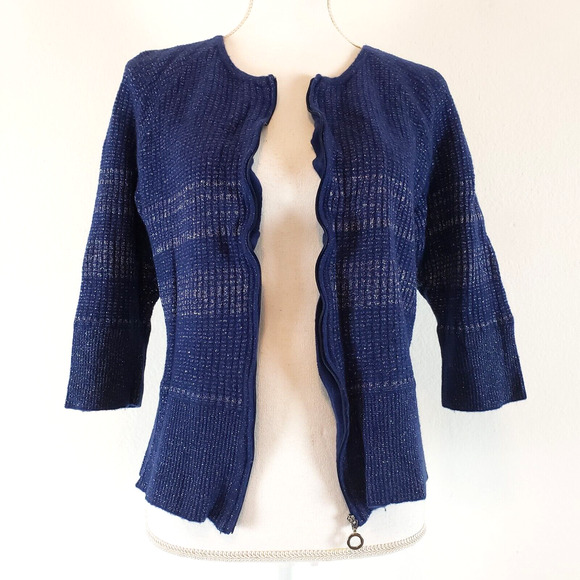 ALEX MARIE Knit SIZE XL Zip Front Blue Metallic 3/4 Sleeve Cardigan Sweater - Picture 6 of 11